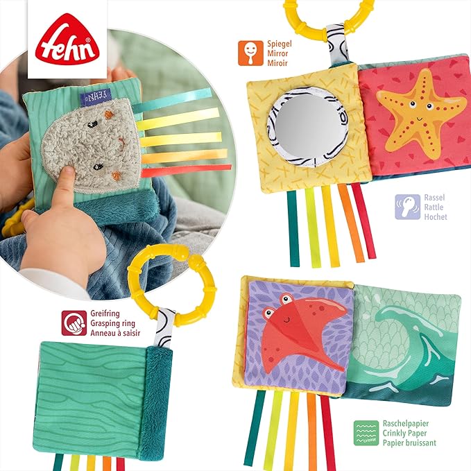 Fehn Mini Book Rustling Octopus – Mini Touch Book: 6 Pages with Exciting Materials and Functions to Touch, Grab and Admire – Optimal for Home and on the Go