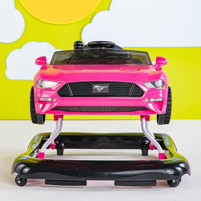 Bright Starts Ford Mustang 4-in-1 Pink Baby Activity Center & Push Walker with Removable Interactive Steering Wheel -Toy, 6 Months and up