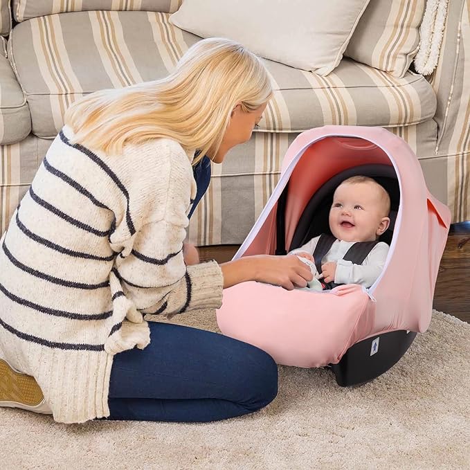 Metplus Car Seat Cover Baby Girl, Breathable Mesh Window Infant Carseat Canopy, Summer Stroller Sunshade Net for Airflow & Privacy, Stretchy Universal Fit (Pink)