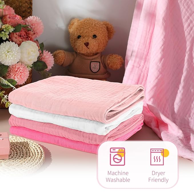 Preboun 4 Pcs Muslin Hooded Baby Towels,32"x 32" Cotton Newborn Bath Towel Muslin Infant Baby Blankets Absorbent Unisex Newborn Registry Gift for Girls Boys(Pink Series)