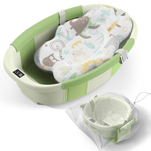 Collapsible Baby Bathtub - Large Baby Bath Tub with Thermometer & Cushion | Travel Portable Newborn Infant Bathtub | Foldable Toddler Bathtub for Baby 0 to 36 Months (Green)