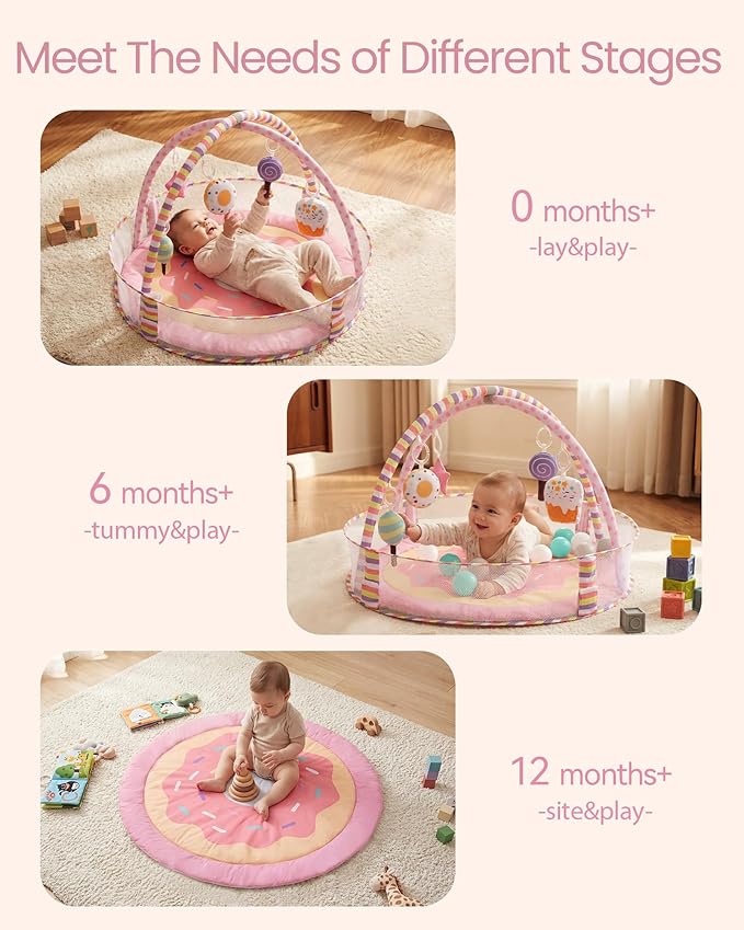 4-in-1 Baby Play Mat & Baby Play Gym,Baby Girl Play Mat Activity Gym, Pink Donut Tummy Time Mat for Babies and Toddlers, Infant Activity Center for Newborn to Develop Motor Cognition