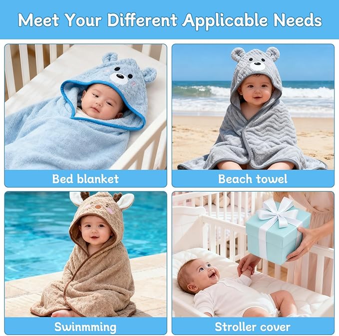 14 PCS Thicken Baby Towels Set, 3 PCS Soft Hooded Baby Towels & 11 PCS Washcloths, Baby Bath Towels for Newborns, Infants & Toddlers, Ultra Absorbent, Cute Baby Towel Gift for Boys
