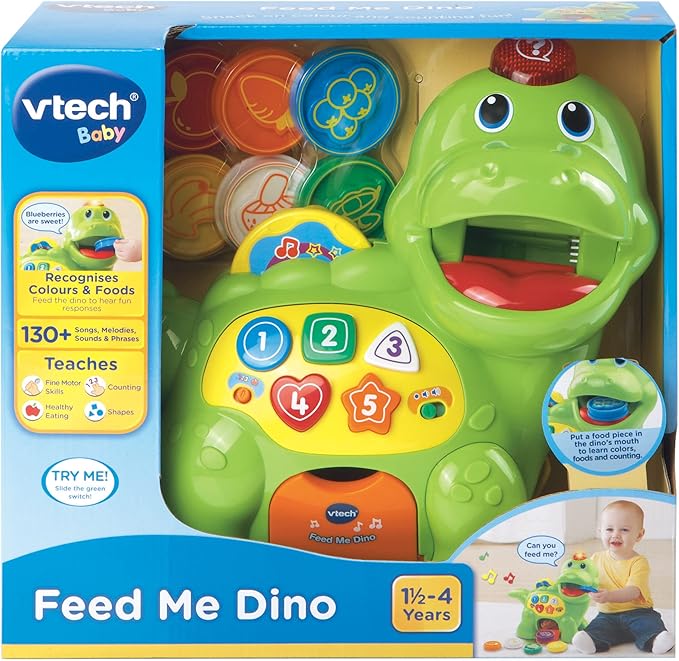 VTech Baby Feed Me Dino | Musical Baby Toy with Numbers, Counting Music & Shapes | Interactive Light Up Toy Suitable from 1, 2, 3 Year Olds Boys & Girls, Green, 27 x 12.3 x 26 cm