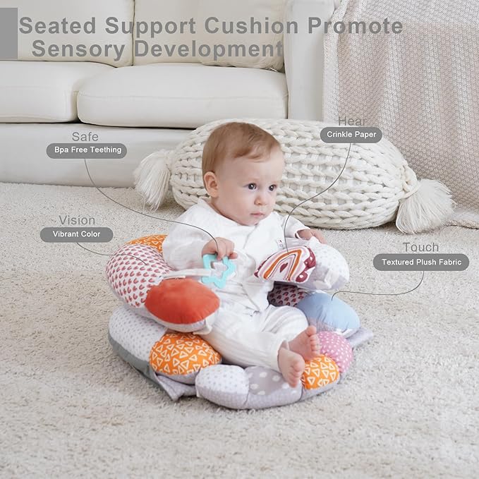 MIIMER 2-in-1 Tummy Time Baby Mat & Seated Support Pillow, Tummy Time Cushion with Detachable Support Prop and Toys, for Early Development Support for Newborns and Older Babies