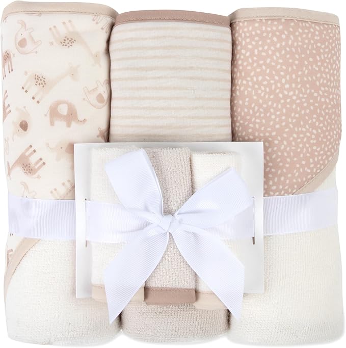 Jessica Simpson 6 Piece Printed Hooded Bath Towel and Washcloth Set for Infant, Newborns and Toddlers 3 – 24 Months for Bath Time, Showers, Lounge, Beach and Pool (6 Piece Zoo Animals Print)