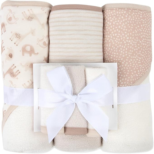 Jessica Simpson 6 Piece Printed Hooded Bath Towel and Washcloth Set for Infant, Newborns and Toddlers 3 – 24 Months for Bath Time, Showers, Lounge, Beach and Pool (6 Piece Zoo Animals Print)