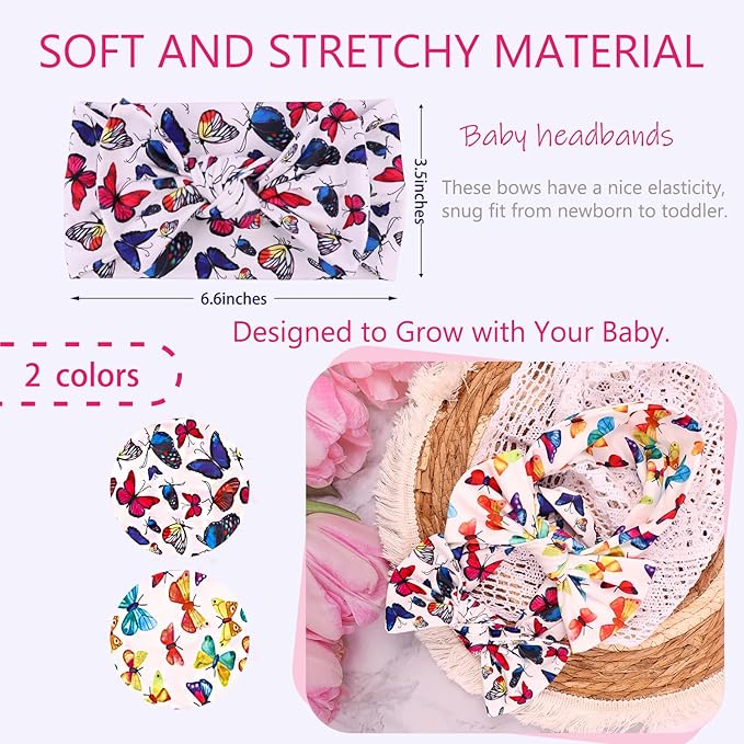 LemonSpce Handmade Baby Head wrap with Bows Stretchy Soft Infant Comfortable Baby Bow for Newborn girls and boys,Toddler-Trendy Designs,Butterfly Printed Hair Accessories