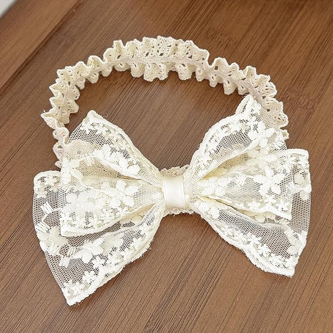 Handmade Baby Girl Headbands in Beige Baby Bows and Floral Lace Headband Bows for Newborns and Toddlers Cute Baby Girl Bows and Newborn Headband Bows