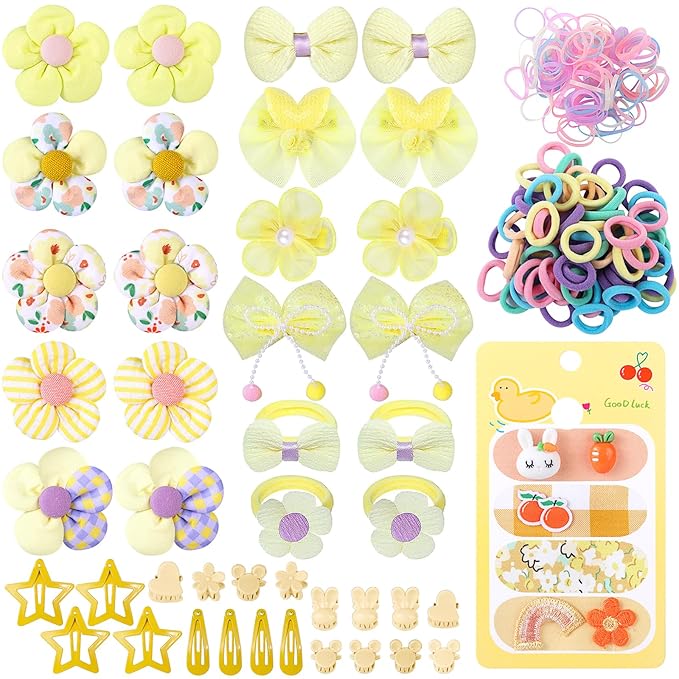 400 Pcs Baby Girls Hair Accessories Set,Baby Girls Hair Ties,Flower Bows Rubber Bands,Hair-friendly Hair Clip,Soft Elastic Hair Bands,Claw Clip(Yellow)