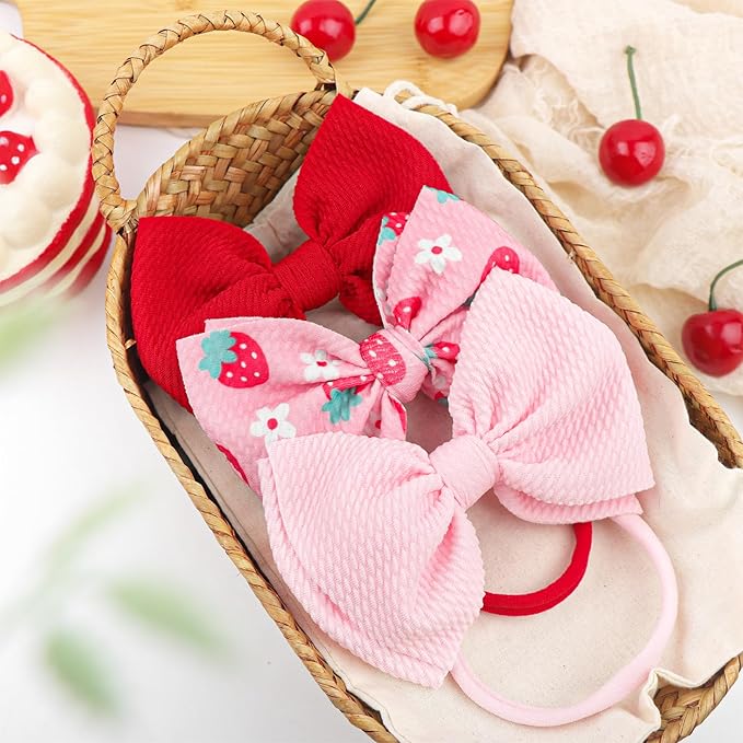 3 Pcs Baby Girl Headbands 4.5’’ Pink Bows Strawberry Hair Accessories Summer Outfits for Newborn Infant Toddler Girls Clothes
