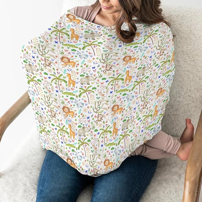 Boho Zoo Jungle Safari Car Seat Cover for Babies Zoo Animals Tropical Leaves Stretchy 5-in-1 Cover Adjustable Car Canopy Breastfeeding Cover Wildlife Adventure Breathable Nursing Cover-Up
