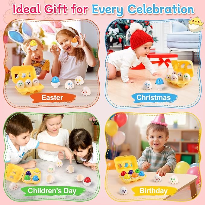 USATDD Easter Egg Toys Hide & Squeak Matching Eggs for Toddlers, Color Recognition Sensory Learning Toys, Fine Motor Skills Montessori Geometric Eggs Gifts for Kids Easter Basket Stuffers