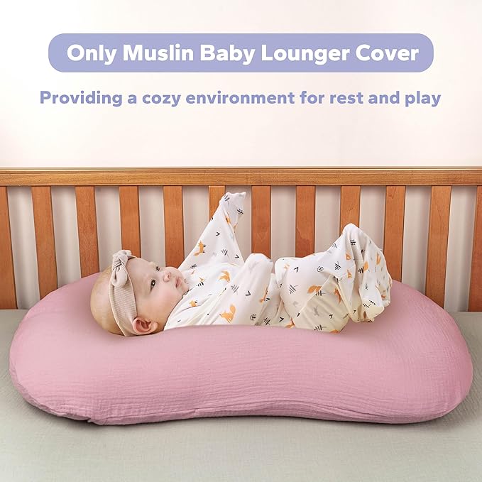 FUNUPUP Muslin Baby Lounger Cover Compatible with Snuggle Me Lounger, Infant Pillow Cover for Newborn, Removable Nest Slipcover for Boys and Girls, Only Cover, Pink & Pink Leaves