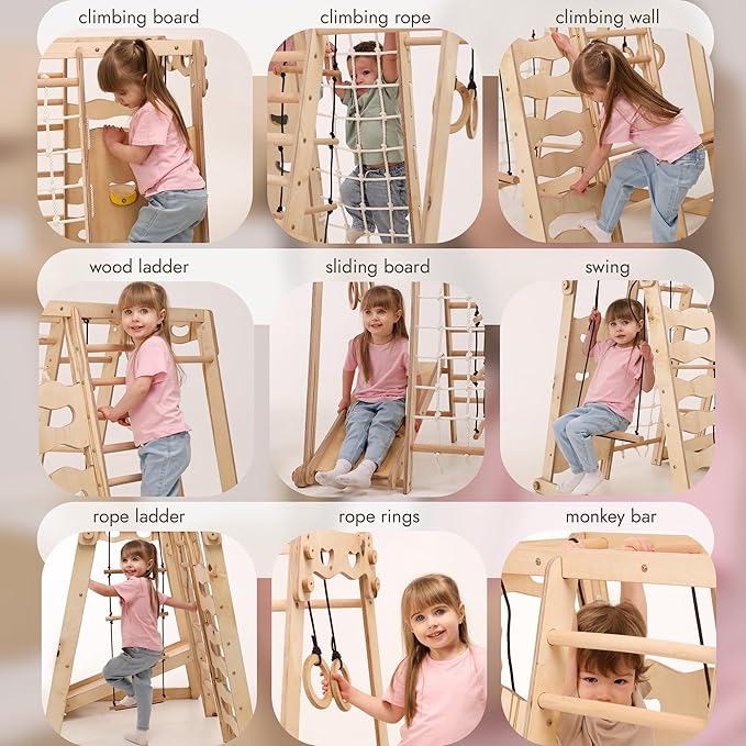Goodevas Improves 9-in-1 Indoor Climbing Frame for Kids, Montessori Climbing Frame with Slide, Swing, Climbing Wall, Climbing Triangle - Playground for Nursery