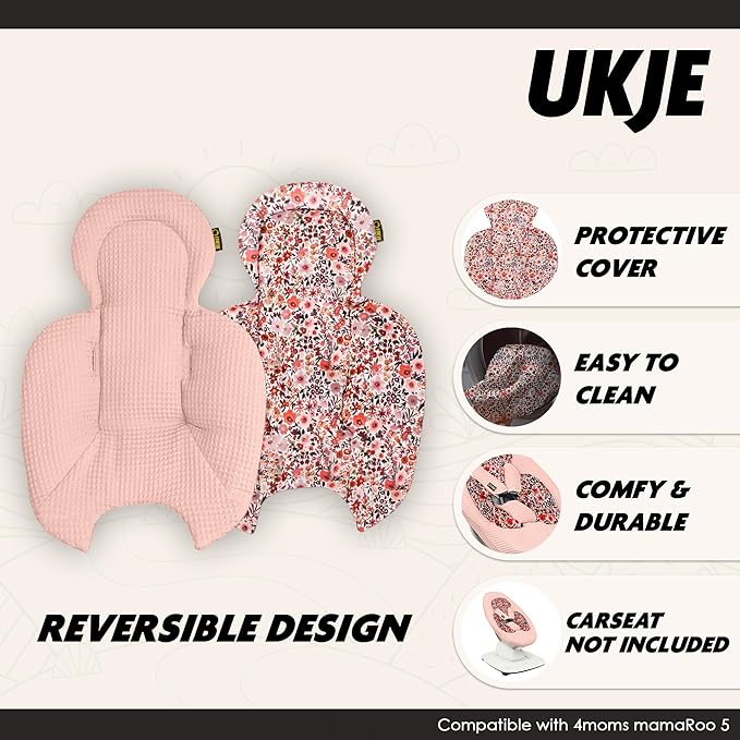 Ukje Swing Insert Rocker Cover Compatible with 4moms mamaRoo 5 Swing, Swing Accessories with Reversible Design, Easy to Install, Handmade in Europe - Pink Flowers