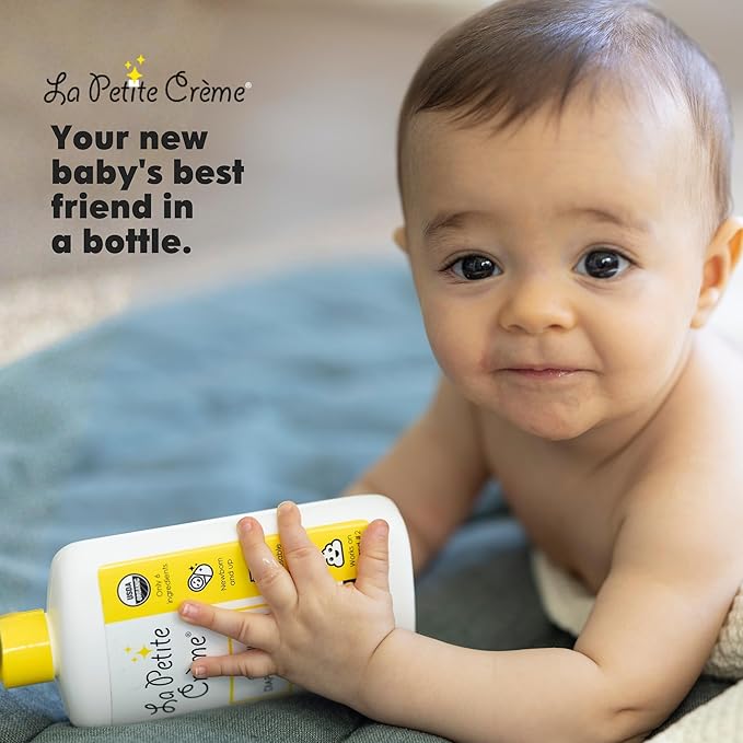 La Petite Creme French Premium Liniment Baby Lotion - Diaper Cream Alternative to Wet Wipes - Gentle Moisturizer & Skin Cleanser, USDA Certified Organic Ingredients - Newborn Essentials (8 oz)