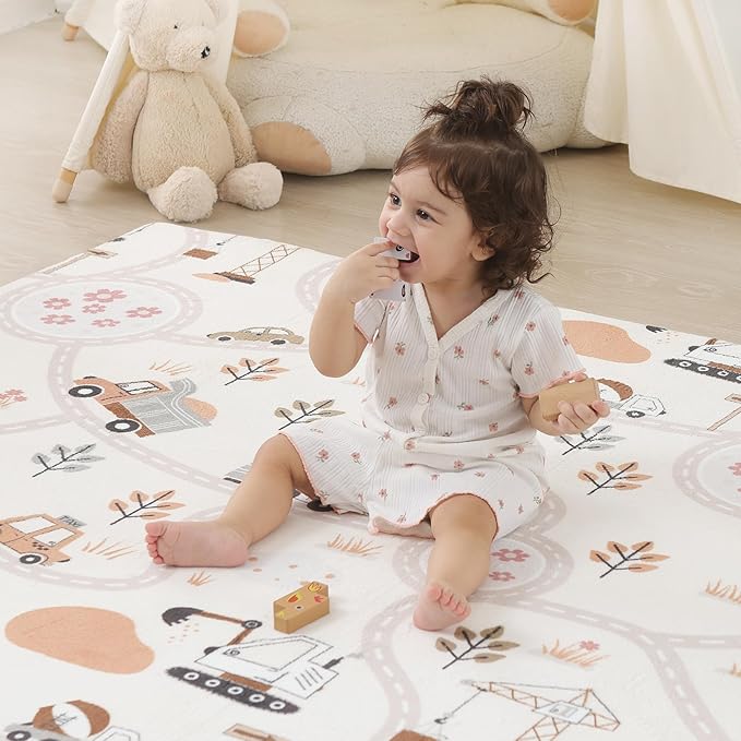 1.3" Thick Educational Baby Floor Play Mat 59x 71, Basic Padded Memory Foam Mat, Non-Slip Plush Playmat for Nursery Playroom Classroom (Car)