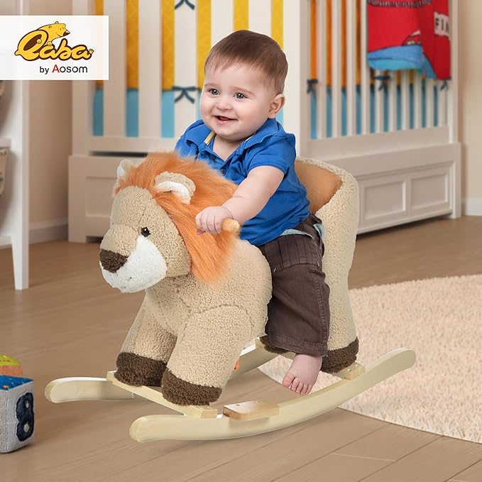 Qaba Baby Rocking Horse Lion with Sound, Plush Stuffed Rocking Animals, Wooden Rocking Horse with Seat Belt for 18-36 Months Boys and Girls Gift, Brown