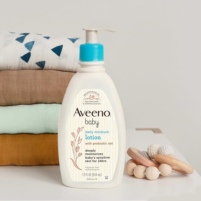 Aveeno Baby Daily Moisture Body Lotion for Sensitive Skin, Hypoallergenic Moisturizing Baby Lotion with Nourishing Oatmeal to Deeply Moisturize Baby's Skin, Fragrance-Free, 12 fl. oz
