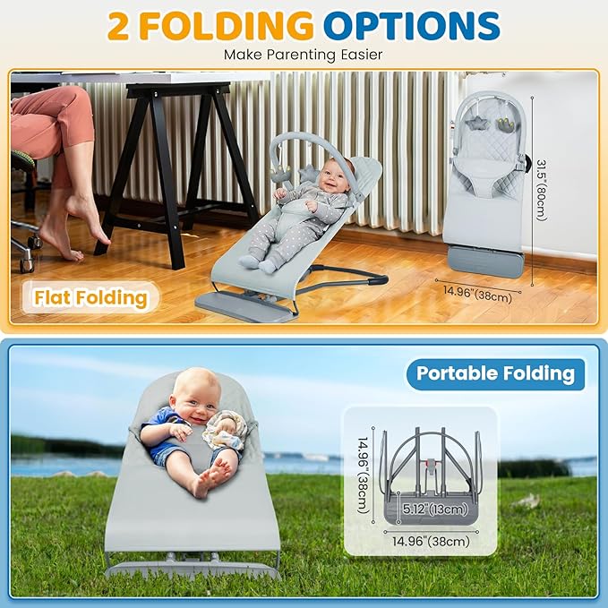 Orzbow Portable Baby Bouncer, Foldable Baby Bouncer Seat with Removable Play Bar, 3 Recline Positions, Infant, 0-12 Months Up to 20 lbs, Ergonomic Design, Easy to Assembly, Grey