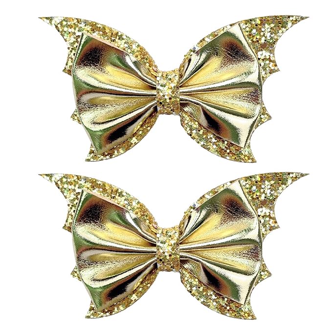 Gold Hair Clips, Halloween Bat Wing Hair Bows for Girls Glitter Faux Leather Hair Clips, Cute Halloween Hair Accessories.(FJ78-Gold R)