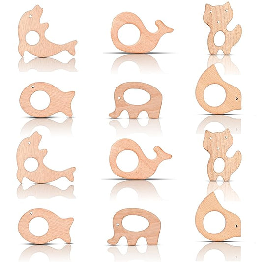 IoF 12 Pcs Teething Toys for Babies, Natural Wooden Teething Rings Baby Teether Chew Toys for Infant Toddler Teethers Crackers Animal Set Pain Relief Handmade Hanging Ring Set Toy