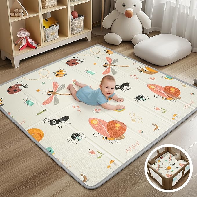 Foldable Baby Play Mat, PIGLOG 50" x 50" Waterproof Playmat for Playyards for Babies, Safe Foam Playmat for Tummy Time, Reversible Playmats, Portable Floor Mat for Infant, Toddler，Dragonfly + Ant