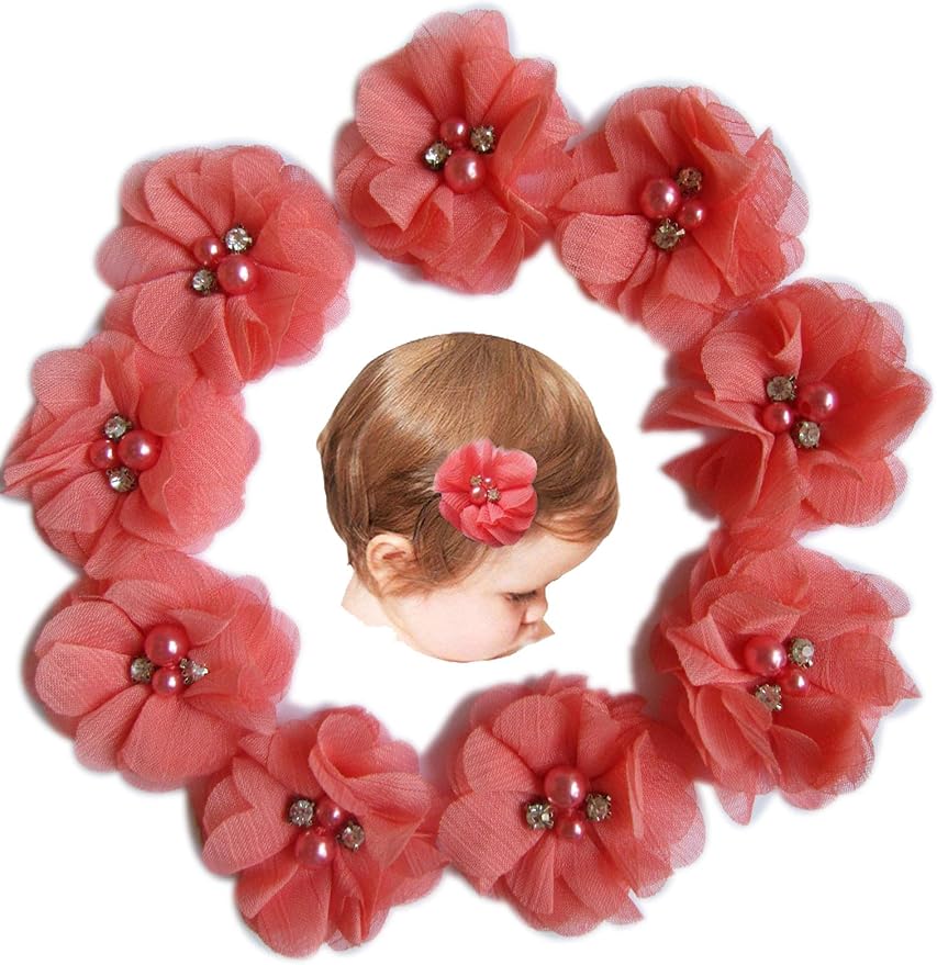 Baby Girls Chiffon Flower Hair Clips with Rhinestones and Pearl,YYCRAFT 10 pcs Party Wedding 2" Hair Accessory for Kids Toddler Infant Girls(Coral)
