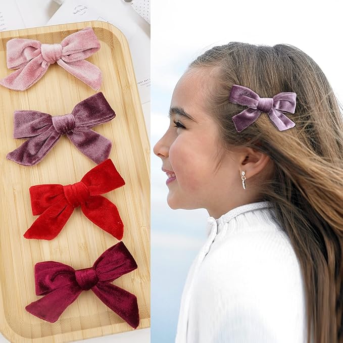 4 inch Velvet Hair Bows Clips, 24pcs Toddler Girls Hair Bows Full Lined Alligator Clip Accessories Baby Girl Ponytail Pigtail Holder 12 Pairs Hair Clips
