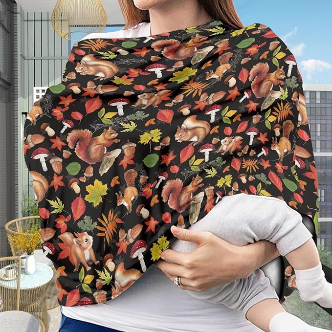 Coldinair Fall Leaf and Squirrel Printed Nursing Cover for Mom Nut Pattern Nursing Scarf Breastfeeding Cover Ultra Soft Thanksgiving Day Mushroom Pattern Carseat Canopy Cover
