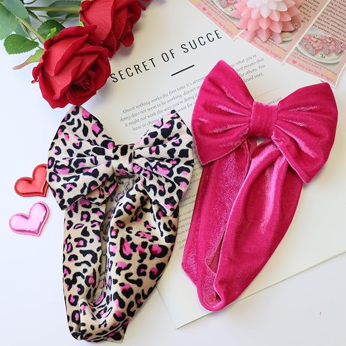 Velvet Pink Leopard Baby Headbands Big Bows for Baby Girls Velvet Soft Hairbands Bows Wide Head Wrap Rose Hair Accessories for Newborn, Infant Toddlers 0-6Months