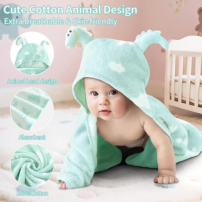 VOOVA & MOVAS Mint Dinosaur Baby Hooded Towel – 100% Cotton, 420GSM, Super Absorbent – 30.5" x 36", for 0–18 Months – Thick Large Bath Towel for Newborn, Infant, Toddler, Baby Essentials