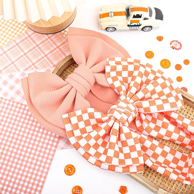 YanJie 2PCS 7’’ Orange Bows for Baby Girls Checkered Headband Double Layered Bow Infants Toddler Hair Accessories Newborn Headbands Baby Clothes