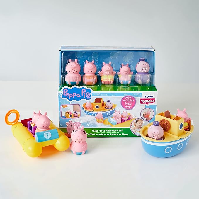Peppa Pig Water Toys by TOMY Toomies- Peppa’s Boat Adventure Bath Toy Set - Includes 2 Boat Toys and 5 Peppa Pig Figures - 18 Months and Up