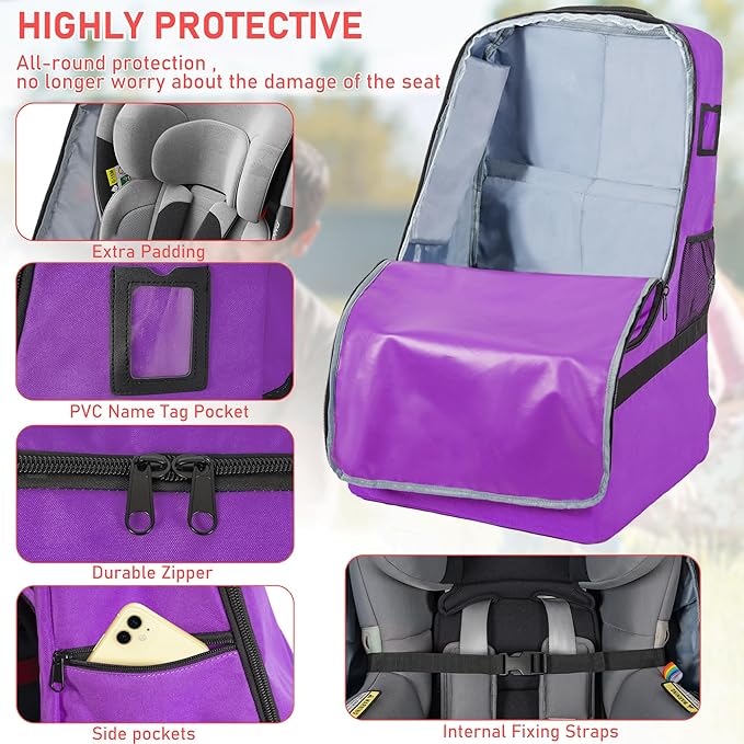 IBVIVIC Padded Car Seat Travel Bag for Airplane, Heavy Duty Car Seat Bag for Air Travel Gate Check Carseat Carrier Bag with Shoulder Strap, Fits Most Baby & Infant Car Seats (Purple)