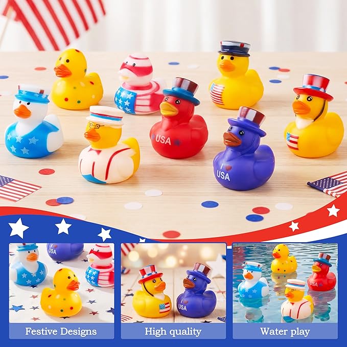 JOYIN 24 Pcs Patriotic Rubber Ducks, Red White Blue 4th of July Bulk Ducks with 8 Patriotic Designs, Independence Day Party Favor Gift Bath Toys for Kids Toddlers