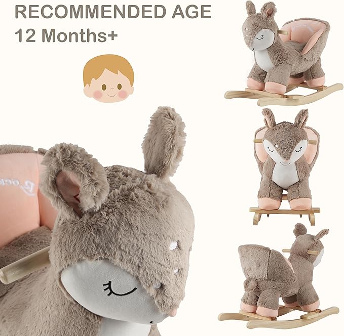 Rock My Baby Rocking Horse Deer with Chair, Plush Stuffed Animal Rocker for Toddlers 1-3, Baby Rocker with Sweet Music, Animal Ride on,Pink Deer,CPC Certified