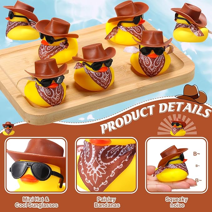 Sosation 24 Set Cowboy Rubber Duck Bulk Mini Yellow Duckies Party Tiny Ducks Toy with Cowboy Hat Paisley Bandanas Sunglasses for Birthday Party Favor(Classic Style)