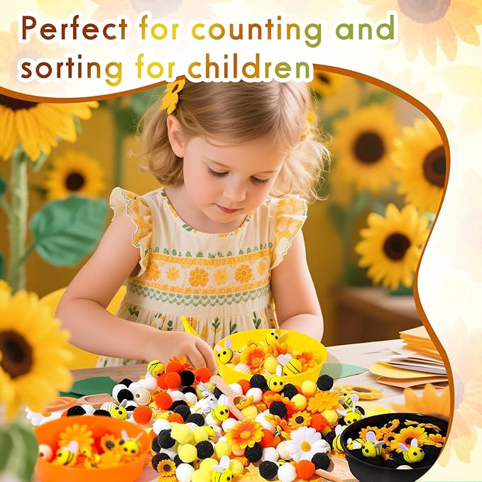 172 Pcs Sunflower Sensory Bin Filler Spring Summer Bee Honeycomb Counting Sorting Sensory Bin Items Fine Motor Sunflower Counts for Easter Day Spring Summer Sorting Counting Decor