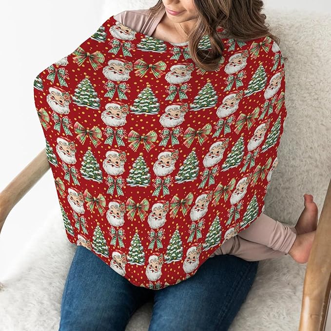 Christmas Santa Trees Car Seats Cover for Babies Santa Claus Red Green Bows Stretchy 5-in-1 Cover Adjustable Car Canopy Cover Winter Holiday Breathable Nursing Cover-Up