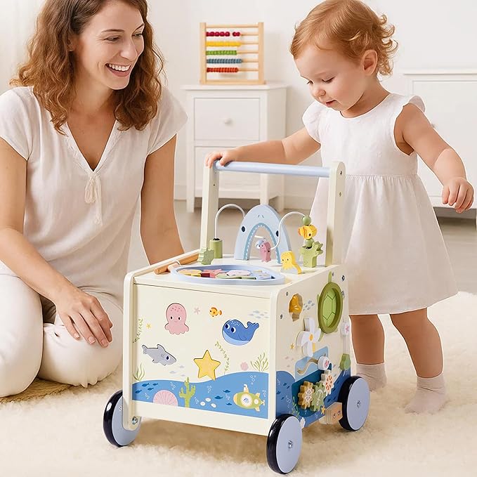 Wooden Baby Walker Push Toy for Toddlers 10M+ | Adjustable Height & Speed Control | Montessori Activity Center with Fishing Game, Music, Storage | Ocean World Theme Learning Walking Toy