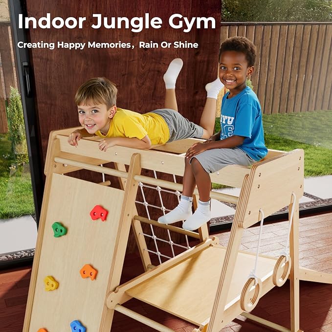 Indoor Jungle Gym for Toddlers Ages 1-4, Wooden Montessori Climber Playset w/Slide, Climbing Net, Monkey Bars, Rope Ladder- Indoor Playground Birthday Gift