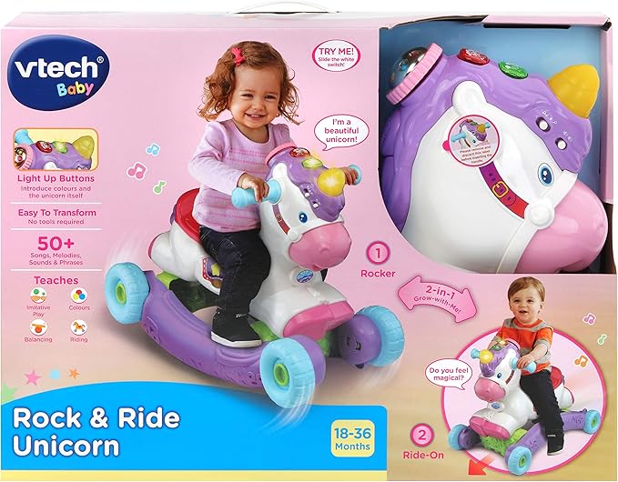 VTech Rock and Ride Unicorn Baby Ride On Toy, Rocker, Interactive Baby Musical Toy with Learning and Sound Features, First Steps Walking Support for Babies & Toddlers Aged 18-36 Months Old