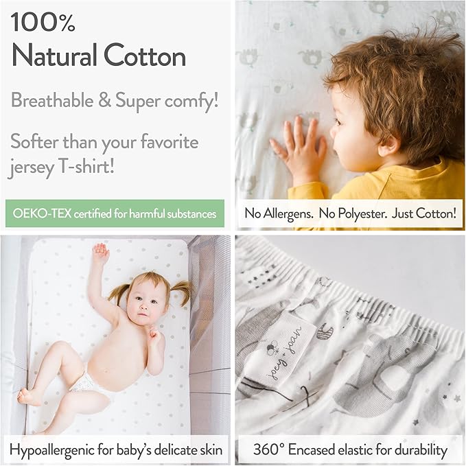 Joey + Joan Pack and Play Sheets Fitted – Compatible with 4moms Breeze Plus Playard & Breeze Go Playard – Fits Up to 30 x 43 Inch Mattress Without Bunching – Grey, Green