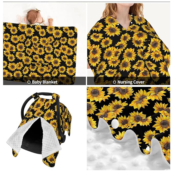 KiuLoam Sunflower Black Baby Car Seat Canopy, Nursing Cover Breastfeeding Scarf, Stretchy Soft Breathable Infant Carseat Cover for Babies Boys Girls