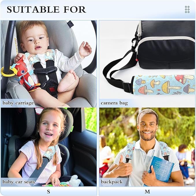 CHIFIGNO Pack of 2 Seat Belt Covers Cute Cartoon Mushrooms Seat Belt Cushion Cover Soft Shoulder Strap Covers Protect Your Neck and Shoulder