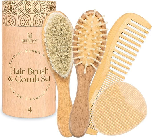 Wooden Baby Hair Brush Grooming Kit with Beech Wood Goat Hair Brush, Cradle Cap Brush, Silicone Scalp Massager, Ultra Soft Bristle Brush | Gender Neutral Newborn Hairbrush Set for Boy or Girl