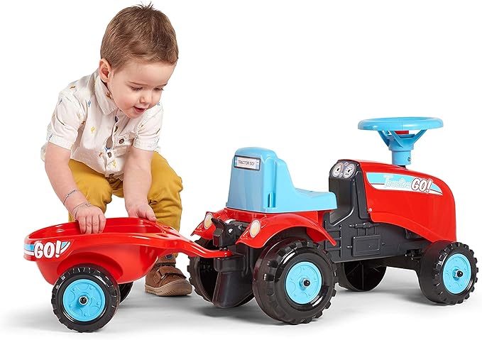 Falk 200B Porteur Tractor Go avec remorque et kit de Stickers alternatifs, Red, Blue