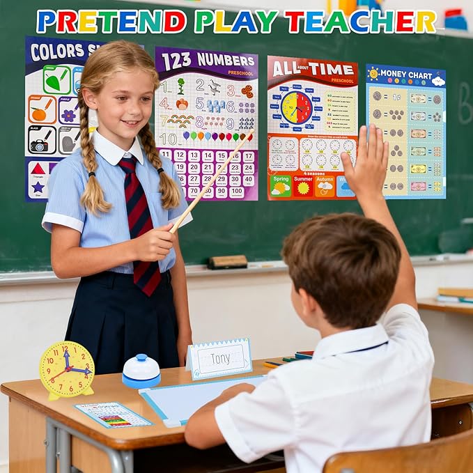 Gifts2U Pretend Teacher Playset for Kids, Play School Toys for Girls Boys with Teacher Bag, Whiteboard, Play Money, Learning Clock, Educational Posters and Play Teaching Supplies